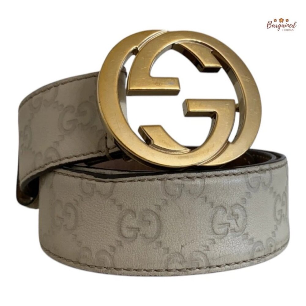 Authentic Gucci Cream Guccissima Leather Gold Interlocking G Buckle Belt 80/32